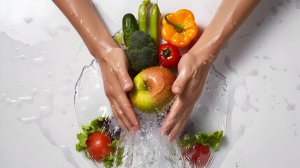Hands Washing Fresh Fruits and Vegetables Under Flowing Water with Protective Shield