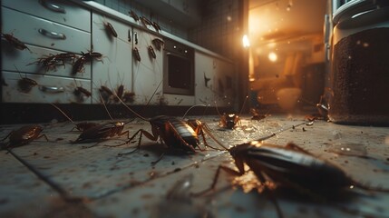 Eerie Infestation of Cockroaches in Dark Kitchen Corner,Highlighting Need for Cleanliness and Pest Control - obrazy, fototapety, plakaty