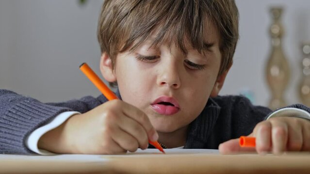 Super Focused Little Boy Coloring His Sketchbook With His Colored Marker