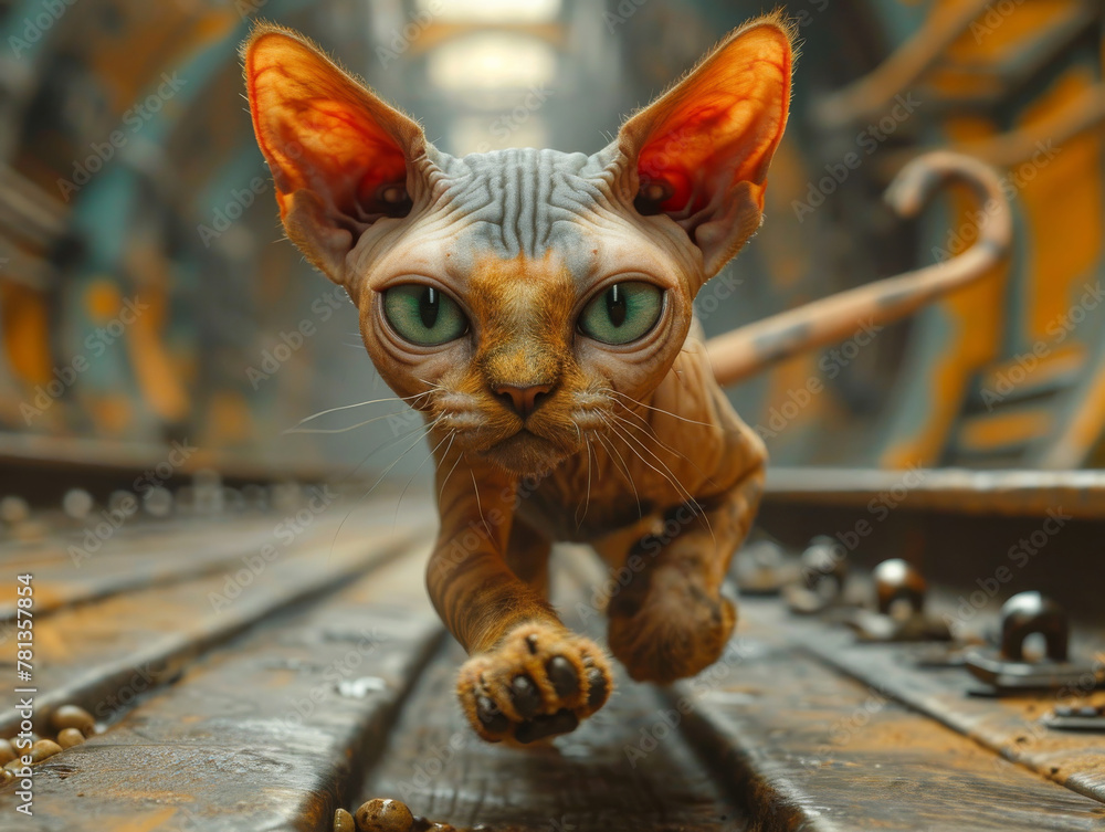 Poster Sphynx cat runs on the rails. A sphynx cat running past the art direction