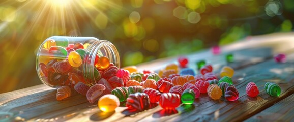 Colorful candies and gummies spilling out of a glass jar on a wooden table. Candy background with colorful sweets 