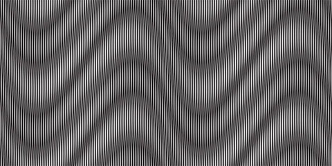 Optical effect of surreal psychedelic texture. Moire seamless pattern with grunge waves. Black and white abstract bg. Simple pattern with lines - obrazy, fototapety, plakaty