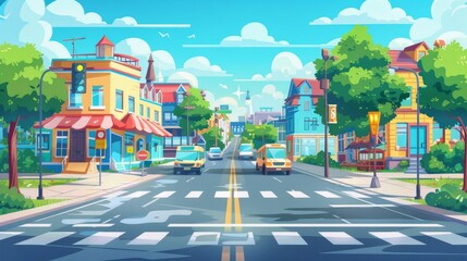 Modern cartoon background with cityscape, urban landscape with residential buildings, office buildings and shops. Modern cartoon background with cityscape, urban landscape with houses, pedestrian - obrazy, fototapety, plakaty