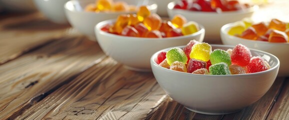 Colorful candies in white bowls on a wooden table, in a closeup shot. Candy background with gummy and marmalade candies. - obrazy, fototapety, plakaty