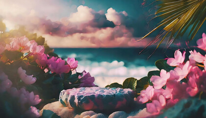 Beautiful sandy beach with blur sky and tree summer - obrazy, fototapety, plakaty