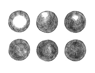 Hand drawn shaded spheres. Simple black and white pen and ink doodle sketches of circles with different types of shading texture. Shading tutorial, organic hand drawn design elements.
