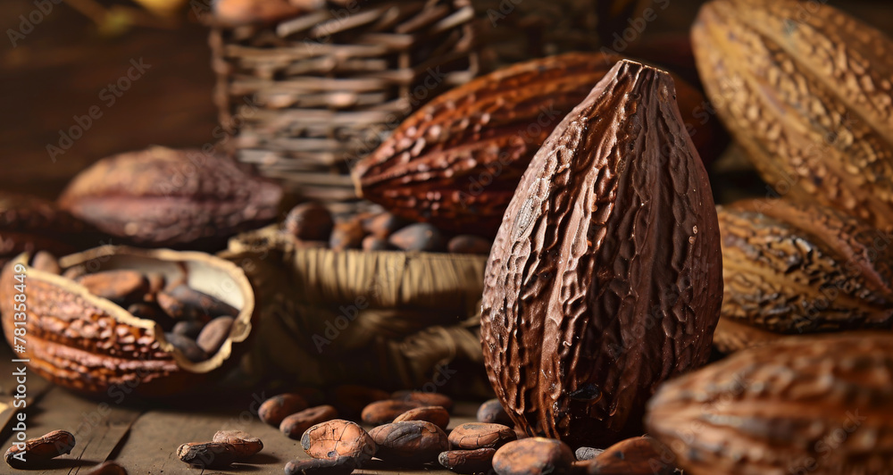 Poster cocoa beans and cocoa pod cocoa powder and chocolate on the wooden background