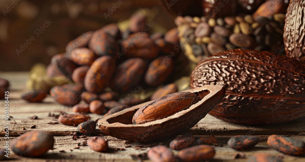 Poster cocoa beans and cocoa pod on wooden table