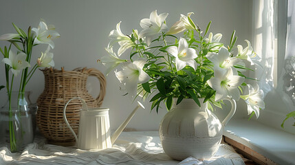 Elegant white lilies in a ceramic vase on a table with soft sunlight filtering through a window, accompanied by a wicker jug and glass bottles, creating a serene and peaceful atmosphere.