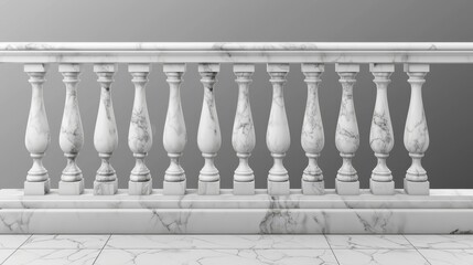 With tiled floor on a balcony or terrace, white marble balustrade with stone handrail in classic roman style isolated on transparent background. Modern realistic mockup with baroque rail.