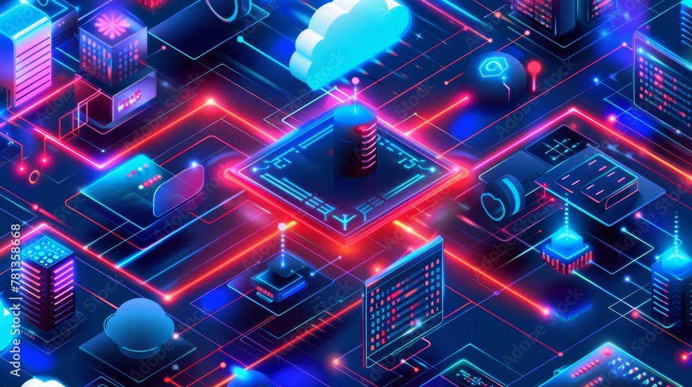 Aufkleber the isometric landing page showing digital data migration, cloud computing, media server, saas servi