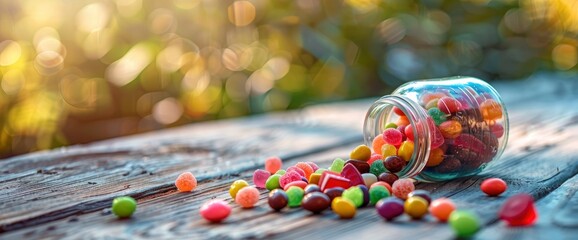 Fototapeta na wymiar Colorful candy spilling out of a glass jar on a wooden table outdoors. This stock photo has high resolution photography with professional color grading and soft shadows