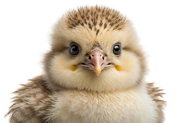 Cute baby chicken face shot isolated on white background