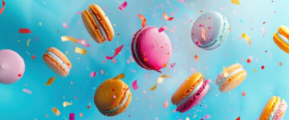 colorful macarons flying in the air, confetti on blue background, top view