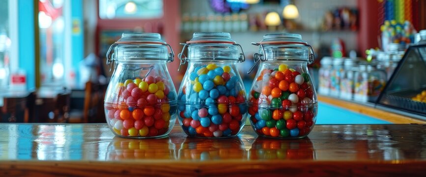 Colorful gumball candy jars on the counter at an old fashioned diner