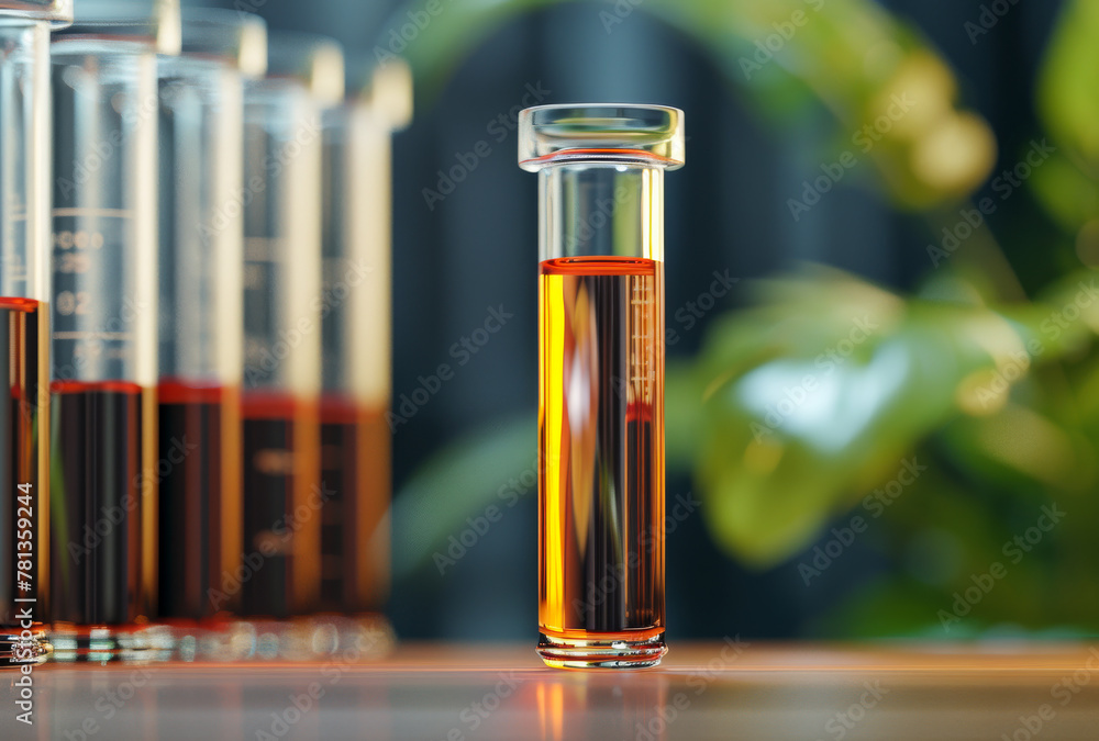 Poster test tubes and flask with orange liquid on table in laboratory