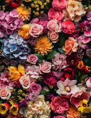 Obraz na płótnie Canvas Vibrant Floral Composition on Dark Background Colorful Flowers Arranged in Artistic Display
