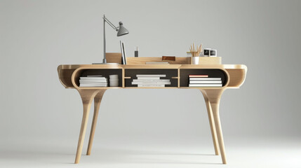 A sleek wooden desk with built-in organizers and stylish accessories provides a perfect setup for an efficient workspace.
