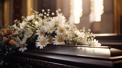 a white flower lies on the coffin against the background of the interior of a Catholic church, funeral, death, religion, mass, architecture, Christian, black, dark, grief