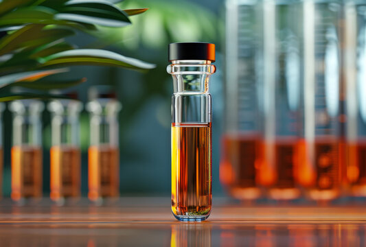 Flasks with orange liquid in laboratory