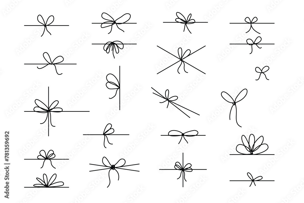 Aufkleber line bows on ribbon. bow on string set for box and decoration design. simple outline bowknot