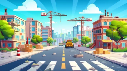 Rucksack City street with construction site, building work and tower crane. Cartoon cityscape, urban landscape with houses, unfinished buildings, and road with crosswalk and overpass on background. © Mark