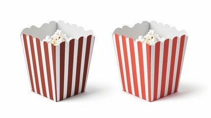 The white and red buckets of Popcorn are isolated on white background. Blank square and round packs for chicken, potato and snack are also shown in this realistic mockup.