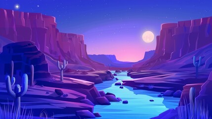 Modern cartoon landscape of a mountain stream in a gorge with stone cliffs and rocks. Grand canyon national park in Arizona at night. - obrazy, fototapety, plakaty