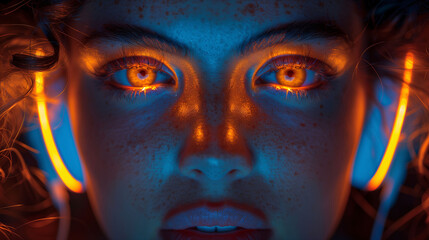 Close-up of a woman's face illuminated by a fiery orange light, highlighting her intense gaze and the intricate details of her eyes and freckles.