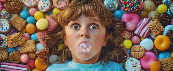 Fototapeta na wymiar Top view of a child with bubble gum surrounded by various sweet treats, including cookies and candy bars, creating an abstract background.
