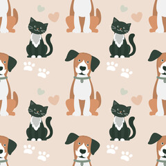 Seamless print with cats and dogs. Cute funny pets. Lovely surface design. Animals art. Vector illustration.