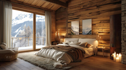 A luxurious wooden cabin bedroom with plush bedding, a cozy fireplace, and large panoramic windows showcasing breathtaking alpine mountain views. - obrazy, fototapety, plakaty