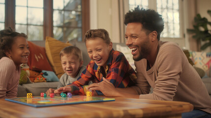 Joyful Family Playing Board Game at Home