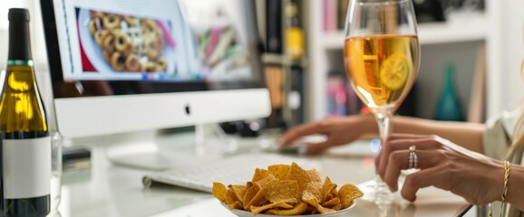 Woman working on a computer with snacks, drinks and a glass of wine in the office in a close up view. The woman is sitting at a white desk eating chips or sweets while typing on a laptop