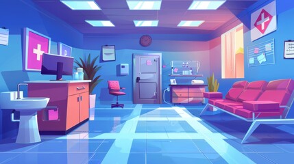 This cartoon modern illustration shows an interior of a medical office, a clinic with doctor's stuff, and a hospital with a couch, chair, washbasin, medicine locker, table, computer, and medical aid