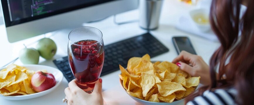 Woman working on a computer with snacks, drinks and a glass of wine in the office in a close up view. The woman is sitting at a white desk eating chips