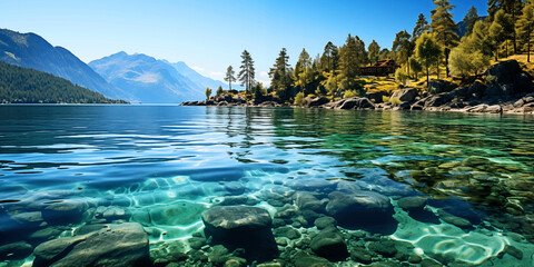 Beautiful transparent green water of a sea bay fjord surrounded by mountain and forest landscape