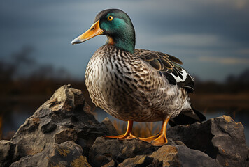 Fototapeta premium Male mallard duck stands on rock in the evening light
