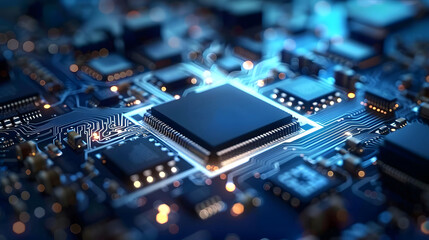 Electronic circuit board, microchip, computing processor, and CPU. Advanced technology conceptual background.
