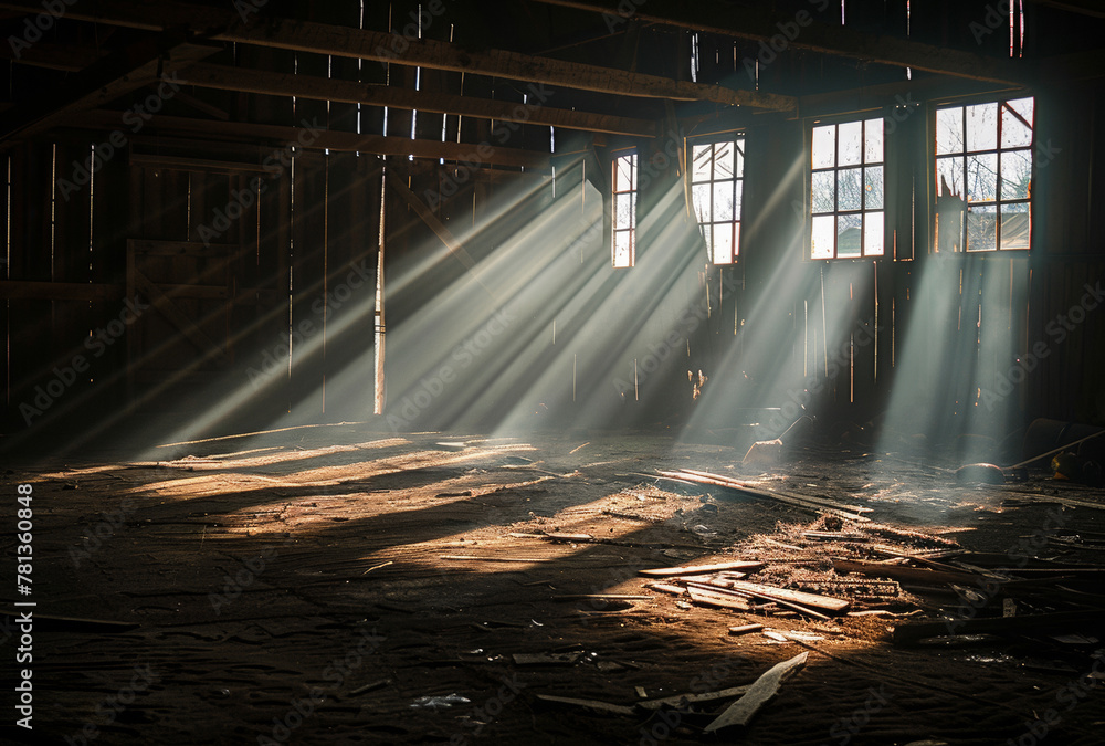 Poster sunlight streams through the windows of abandoned building