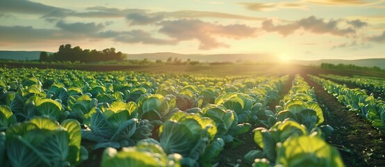 Beautiful cabbage field with rows of growing vegetables on the farm at sunset - obrazy, fototapety, plakaty