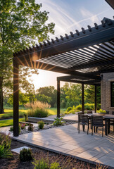 Pergola and outdoor dining area with fire pit and view of the golf course at sunset