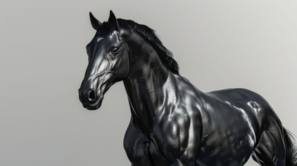 A stunningly realistic sculpture of a black horse with a detailed musculature, presented in a dramatic side profile against a gray backdrop.