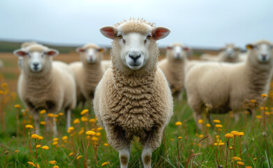 Obraz premium Sheep standing in field of buttercups