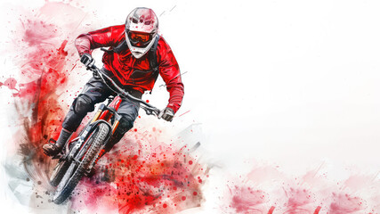 Red watercolor of Mountain bike player riding downhill, extreme sport