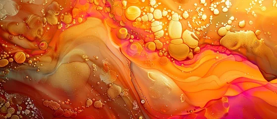 Fotobehang Alcoholic ink fosters an abstract, vivid backdrop with a harmonious interplay of orange and golden acrylic paint variance of alcoholic ink and space, Generative AI. © Our Scrapbook