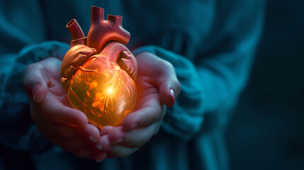 Glowing human heart in hands, blur background, innovative medicine concept, education on human heart health care, Heart symbol, advanced digital medical health, medical technology 