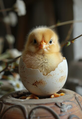 Cute little chick sitting in broken egg shell