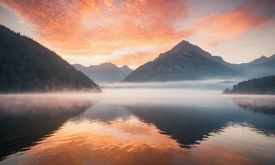 Beautiful landscape: Vibrant sunrise over a glassy lake. Colorful orange blue sky reflected in shimmering water, nice scene with fog