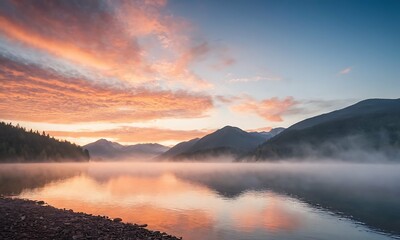 Obraz premium Beautiful landscape: Vibrant sunrise over a glassy lake. Colorful orange blue sky reflected in shimmering water, nice scene with fog